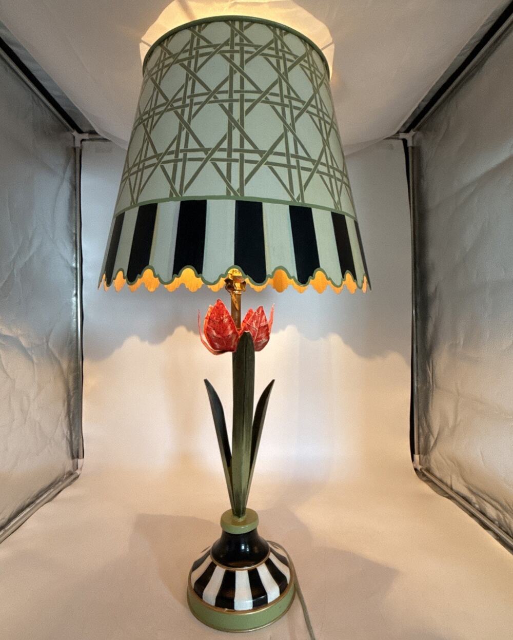 MacKenzie-Childs Tulip Table Lamp Courtly Stripe Shade Floral Iron 32”